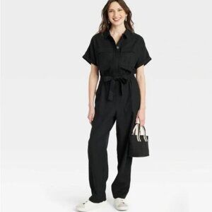 NWT Universal Thread Black Short Sleeve Linen Jumpsuit Boilersuit 12